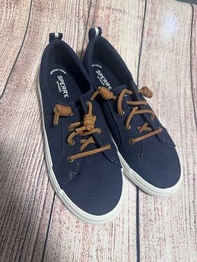 Sperry Navy Canvas Slip-Ons with Brown Laces